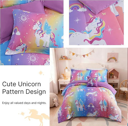 Full Size Comforter Set for Girls-4 Pieces Rainbow Unicorn Patterns Full Bedding Set with 1 Comforter, 1 Decor Pillow &2 Pillow Shams