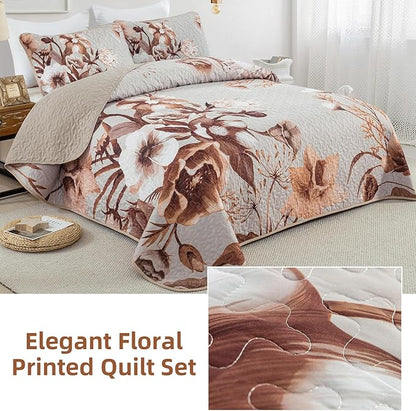 Khaki Quilt Set King Size Bedding Set 3 Pieces Boho Floral Quilt Bedspread Soft Microfiber Lightweight Flower Coverlet Set with 2 Pillow Shams for All Season 90"x104"