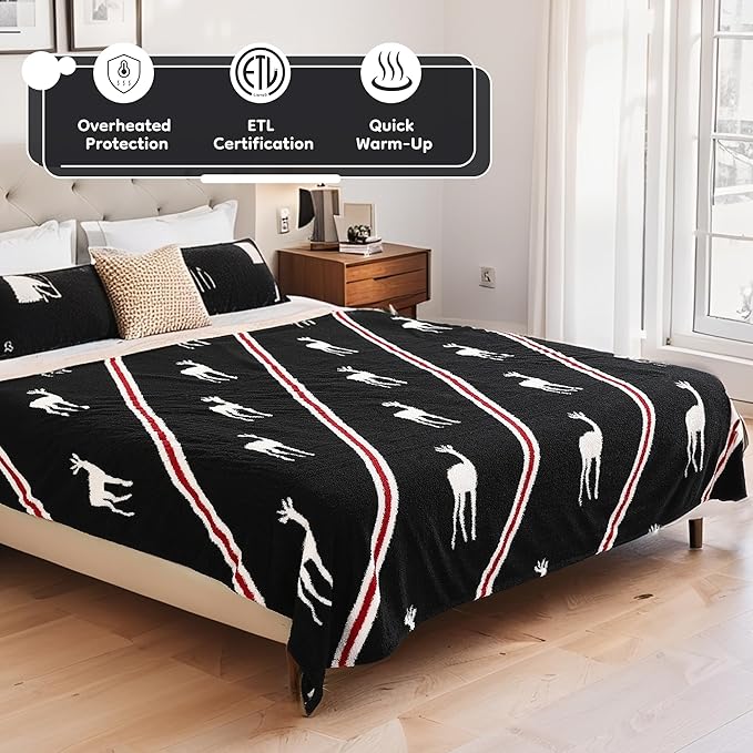 Electric Heated Blanket Twin Size 62"x84" - Bohemian Design with Plush Sherpa, 4 Heat Settings, 3-Hour Auto-Off, Machine Washable, for Couches and Beds, Elk