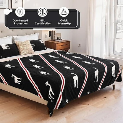 Electric Heated Blanket Twin Size 62"x84" - Bohemian Design with Plush Sherpa, 4 Heat Settings, 3-Hour Auto-Off, Machine Washable, for Couches and Beds, Elk