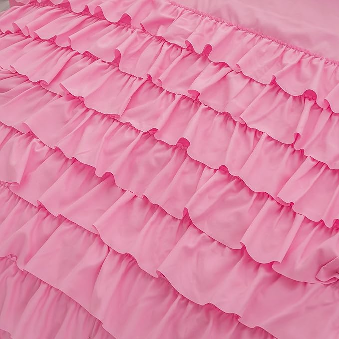 MWMWMW 5 Pcs Girls Pink Comforter Set Twin, Pink Ruffle Princess Bedding Set, Girls Bedding Set Twin with 1 Comforter, 1 Flat Sheet, 1 Fitted Sheet & 2 Pillowcases