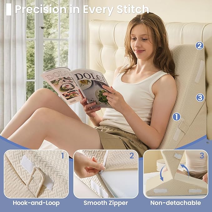 Sasttie Wedge Pillow for After Surgery, Adjustable Bed Wedge Pillow Headboard for Acid Reflux, Sleeping, Neck & Back Support, with Removable Cover, Beige