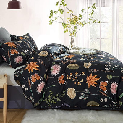 Floral Duvet Cover Set Queen, 3 Pcs Soft Microfiber Black Duvet Cover with Pink Floral Colorful Botanical Yellow Butterfly 3D Printed Comforter Cover with Zipper Ties (No Comforter)