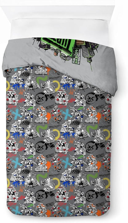Jay Franco Duvet Cover Set – 3 Piece Comforter Cover and Sham Set, Super Soft Cozy Kids Bedding (Insert Not Included) Grey - Teenage Mutant Ninja Turtles, Twin