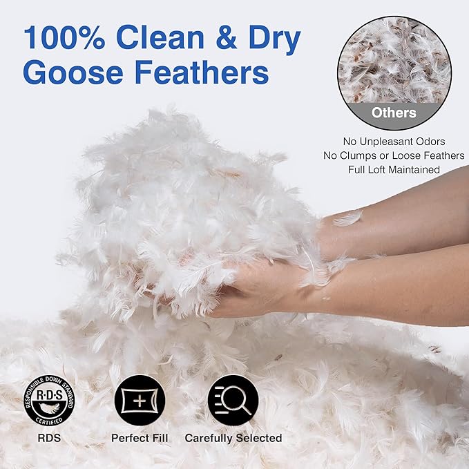 Feather Pillows Queen Size Set of 2 - Goose Down Hotel Bed Pillow for Sleeping, Soft 600 Thread Count Cotton Cover, Fluffy Support Surround Fill Polyester for Side, Stomach, Back Sleepers