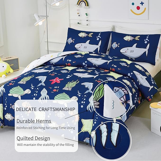 RYNGHIPY Kids Bedding Set for Queen Bed Reversible Ocean Animals Print Comforter Set for Boys Girls Easy-Wash Super Soft Microfiber Bed Set (Navy Ocean,Queen)