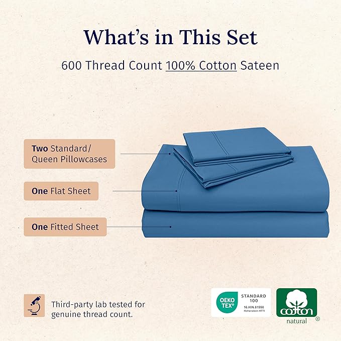 California Design Den Natural 100% Cotton Bed Sheets Queen Size Set - Luxury 600 Thread Count Sateen, Durable Hotel Quality Fully Elasticized Deep Pocket Bedsheets Queen Size Bed - Parisian Blue