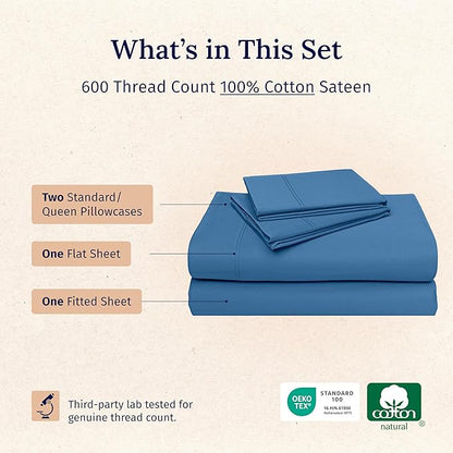 California Design Den Natural 100% Cotton Bed Sheets Queen Size Set - Luxury 600 Thread Count Sateen, Durable Hotel Quality Fully Elasticized Deep Pocket Bedsheets Queen Size Bed - Parisian Blue