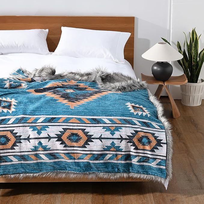 Luxury Plush Faux Fur Throw Blanket with Aztec Pattern, Super Warm, Fuzzy, Elegant, Fluffy Decoration Blanket for Couch, Armchair, Sofa and Bed, 50''x 60'', Teal