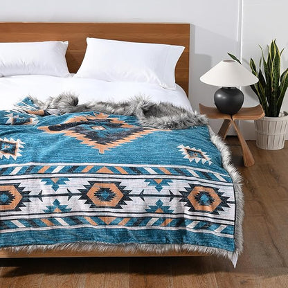 Luxury Plush Faux Fur Throw Blanket with Aztec Pattern, Super Warm, Fuzzy, Elegant, Fluffy Decoration Blanket for Couch, Armchair, Sofa and Bed, 50''x 60'', Teal