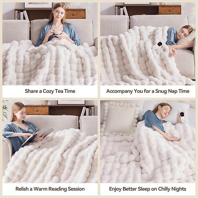 Heated Blanket King Size with 1/2/4/6/8 Hours Auto-Off 10 Heat Level, 91'' * 101'' Cozy Faux Rabbit Fur Bubble Electric Blanket with Overheat Protection(White)