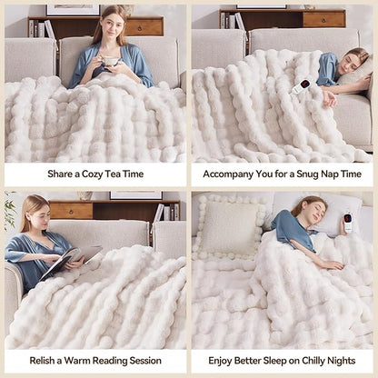 Heated Blanket King Size with 1/2/4/6/8 Hours Auto-Off 10 Heat Level, 91'' * 101'' Cozy Faux Rabbit Fur Bubble Electric Blanket with Overheat Protection(White)