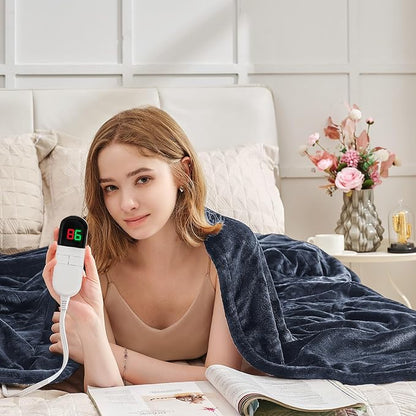 Heated Blanket King 90"×100" - Premium Cosy Soft Electric Blanket with 6 Heating Levels,Dual Control Fast Heating Flannel Sherpa Blanket for Bed & Couch,Auto Shut Off/Machine Washable (Navy Blue)