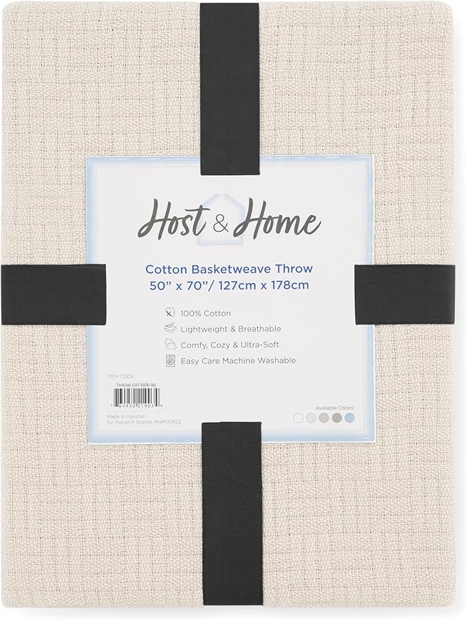 Arkwright Basket Weave Throw Blanket - 100% Ringspun Cotton All Season Throws, Luxury Hotel Quality, Soft on Skin, Breathable, 300 GSM for Bed, Sofa, and Chair, 50 X 70 in, Beige