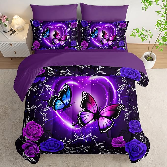 Purple Butterfly Comforter Set 7 Piece Queen Size Bed in A Bag,Dreamy Butterfly Bedding for Girls Room Decor,Soft Microfiber Comforter with Fitted Sheet,Flat Sheet, Pillowcases & Shams