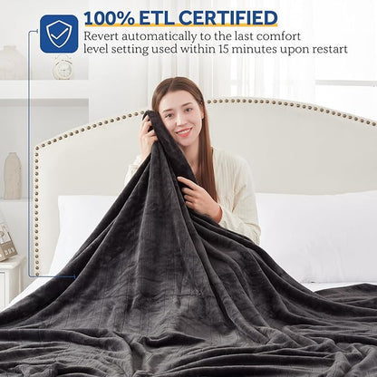 Sealy Heated Electric Blanket Twin Size, Flannel Electric Blanket with 10 Heating Levels & 1-12 Hours Auto Shut Off, Fast Heating Warming Blanket, Machine Washable, Grey, 62 x 84 Inch