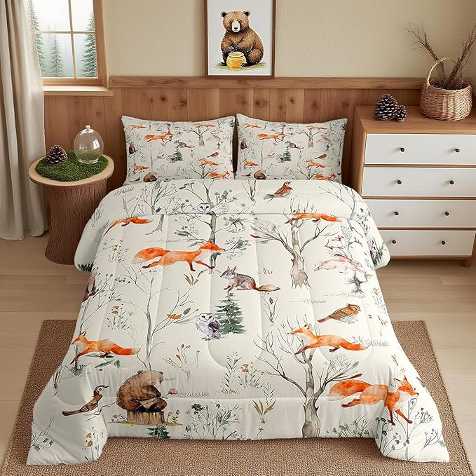 Kids Cute Animals Comforter Set Twin Size Cartoon Bear Fox and Rabbit Bedding Set 2Pcs for Girls Boys Adult Room Decor Foggy Tree Jungle Plants Quilt Set Hunt Adventure Duvet Insert,Beige