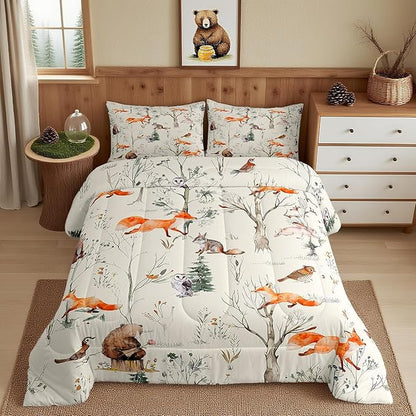 Kids Cute Animals Comforter Set King Size Cartoon Bear Fox and Rabbit Bedding Set 3Pcs for Girls Boys Adult Room Decor Foggy Tree Jungle Plants Quilt Set Hunt Adventure Duvet Insert,Beige