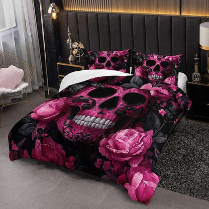 Skull Comforter Full Size,Skull Kids Comforter Set,3Pcs Bedding Set Printed Comforter with 2 Pillowcases,Down Alternative,Soft and Lightweight,for All Seasons