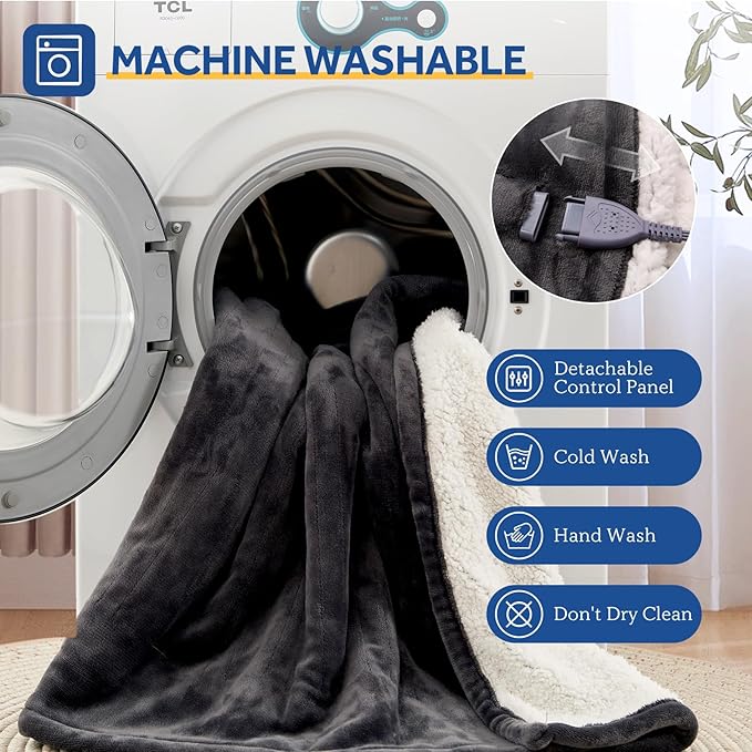 Sealy Electric Blanket Full Size 80"*84",Super Cozy Flannel to Sherpa Reversible Heated Blanket Full Size with 10 Heating Levels & 1-12 Hours Auto Off Overheating Protection Machine Washable, Charcoal