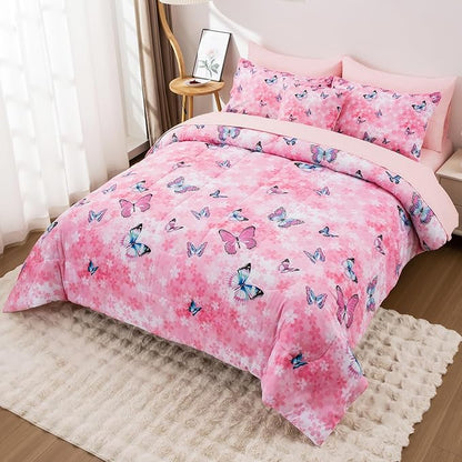 Butterfly Comforter Set Queen Size 8 Piece Bed in A Bag Colorful Flowers Leaves Bedding Set for Kids Teens Super Soft All Season - Pink