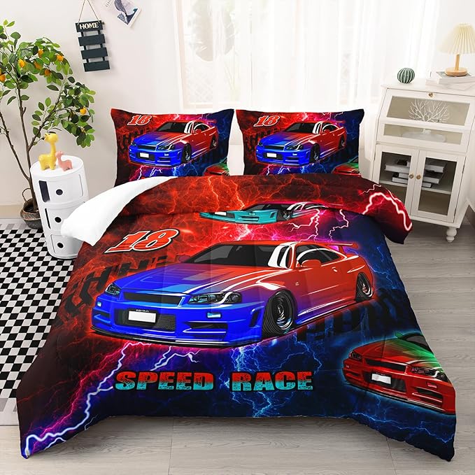 AILONEN Cool Racing Car Comforter Set Twin Size, Sports Car Bedding Sets for Kids Boys Teens,Extreme Speed Race Bed in a Bag,Lightning Racing Duvet Set,1 Quilt and 2 Pillowcases,3 Pieces