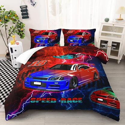 AILONEN Cool Racing Car Comforter Set Twin Size, Sports Car Bedding Sets for Kids Boys Teens,Extreme Speed Race Bed in a Bag,Lightning Racing Duvet Set,1 Quilt and 2 Pillowcases,3 Pieces