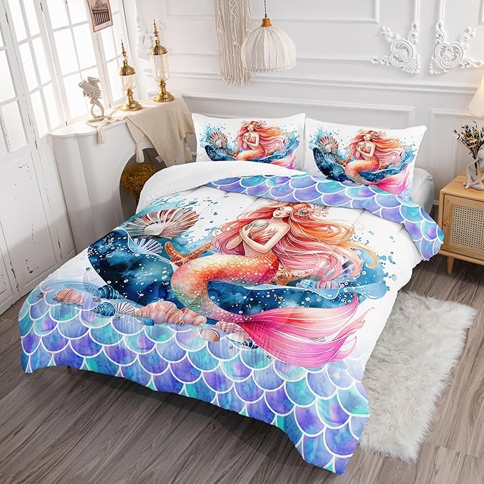 Mermaid Comforter Set Full Size, Cute Mermaid Conch Sea Shell Bedding Set with Fish Scale Design for Kids Girl, Ocean Theme Duvet Set with 2 Pillowcases