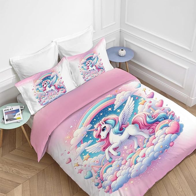 Unicorn Comforter Set Unicorns Decor Twin Bed Duvet Cover Set for Girls Boys Women Adults Teens Dreamy Unicorn Bedding Comforters 3 Piece Bedding Set