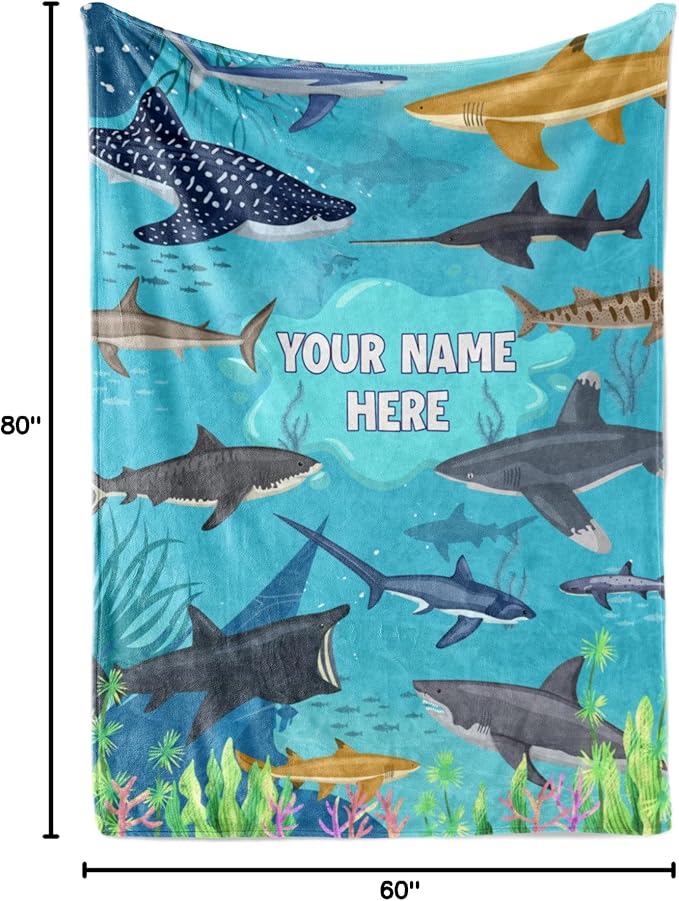 Personalized Shark Blanket for Kids - Ships Next Day and Made in USA - Soft Fleece Throw Bed, Cute Room Decor, Plush Sofa Couch Cover, Lightweight Baby Shark Toys, Custom Gift (Fleece – 60x80)