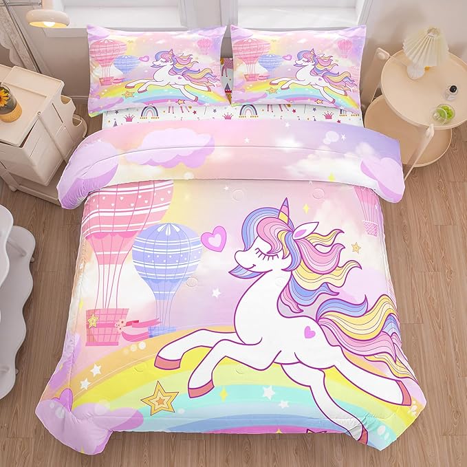 Bodhi Unicorn Comforter Twin for Girls,Kids Twin Bedding Sets for Girls with RainbowCastle Love Hearts and Stars,Unicorn Bedding Sets 5 Pieces