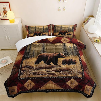 Rustic Bear Wild Hunt Animal Comforter 3Pcs Full Natural Forest Wildlife Brown Bear Bedding Set for Kid Teen Boy Girl Adult Retro Mountain Lake Quilt Decor with 1 Comforter and 2 Pillowcases