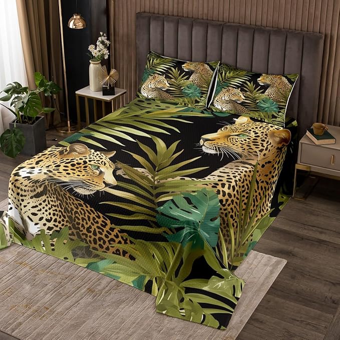 3D Leopard Quilted Twin Size,Cheetah Print Bedspread Tropical Palm Leaves Coverlet Set African Safari Animals Quilt Set Jungle Plant Leaf Weed Decor for Bedroom