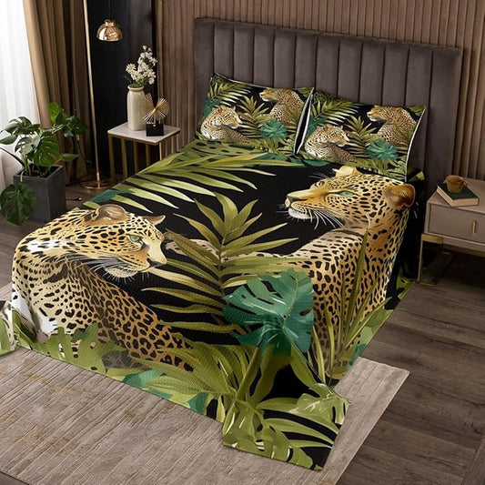 3D Leopard Quilted Twin Size,Cheetah Print Bedspread Tropical Palm Leaves Coverlet Set African Safari Animals Quilt Set Jungle Plant Leaf Weed Decor for Bedroom