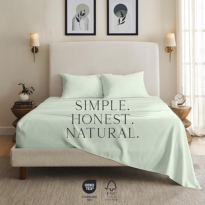 KARISSA MAE Cooling Bamboo Viscose Split King Sheet Set | 100% Organically Grown | 18” Deep Pocket | Silky, Soft, & Hypoallergenic | with Organizer Band & Elastic Corner Straps [Sea Glass]