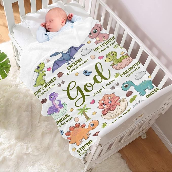 Bible Verse Blanket, Christian Gifts, God Says I am Print Dinosaur Blankets for Boys, Meaningful Thoughtful Religious Baptism Gift for Son,Dinosaur Lovers Room Bed Decoration, 30"x40"