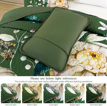 Drucon Floral Quilt Queen Size - 3 Pieces Green Quilt Botanical Bedspread Soft Lightweight Flower Bedding Set for All Season (96"x90")