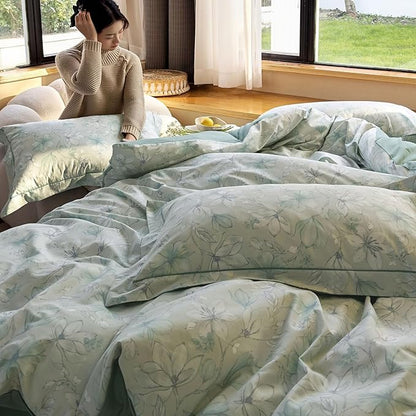 AOJIM Green Kids Adults Duvet Cover Set with Floral Patterns, Soft Comfy 100% Cotton Comforter Cover Set 3pcs, 1 AB Sided Quilt Cover Full Size and 2 Matching Pillowcases for Room Decor, No Quilt