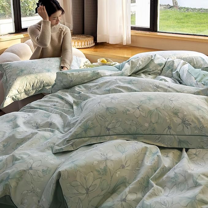 AOJIM Floral Printed Pattern Duvet Cover Set for Kids Adults, Soft 100% Cotton Comforter Cover Set 3pcs, 1 Aesthetic Green Quilt Cover King Size and 2 Matching Pillowcases for Room Decor, No Quilt