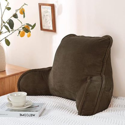 Super Soft Velvety Backrest Reading Bed Rest Pillow with Arms and Pockets 18" H for Sitting in Bed Couch Sofa, Back Support Wedge Cushion with Removable Cover, 20" x 18" x17", Coffee Brown
