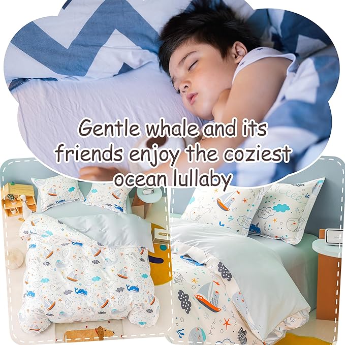 Simple&Opulence 100% Organic Cotton Duvet Cover for Kids Teens, 3 Pieces Soft Comforter Cover with Zipper Closure Cool Boy Girl Sea Sailboat Ocean Bedding Set - Whale, Twin