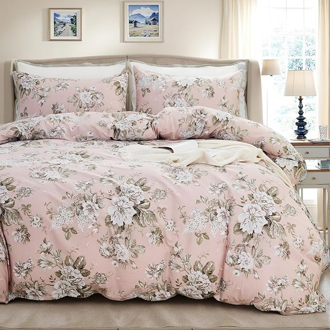 Floral Duvet Cover Queen Size Soft 100% Nature Cotton Vintage Style Pink Bedding Set with Zipper Closure 3 Pcs Cottagecore Botanical Duvet Cover, Ultra Soft, Breathable