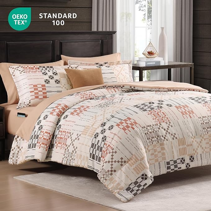 MaiRêve Plaid Twin XL Comforter Set, Farmhouse Bedding Sets for Boys Girls Teen 5 Pieces, Beige All Season Bed in A Bag for Dorm with Sheets, Pillowcase & Sham