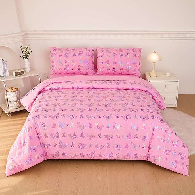 MWMWMW 5 PCS Pink Butterfly Comforter Set Queen, Girls Butterfly Bedding Set Queen, Girls Pink Comforter Sets with 1 Comforter, 1 Flat Sheet, 1 Fitted Sheet & 2 Pillowcases