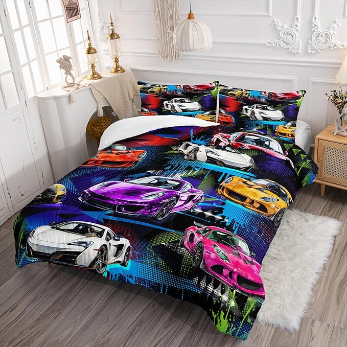 AILONEN Racing Car Comforter Set for Kids Boys Teens Full Size, Extreme Sports Bed in a Bag,Cool Speed Race Bedding Sets,Colorful Car Theme Duvet Set,1 Quilt and 2 Pillowcases,3 Pieces
