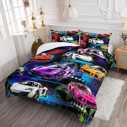 AILONEN Racing Car Comforter Set for Kids Boys Teens Full Size, Extreme Sports Bed in a Bag,Cool Speed Race Bedding Sets,Colorful Car Theme Duvet Set,1 Quilt and 2 Pillowcases,3 Pieces
