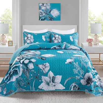 Floral Quilt Set King 3 Pieces Teal Blue Floral Quilt Coverlet Set Soft Microfiber Lightweight Teal Blue Quilted Bedspread for All Season 104"x90"
