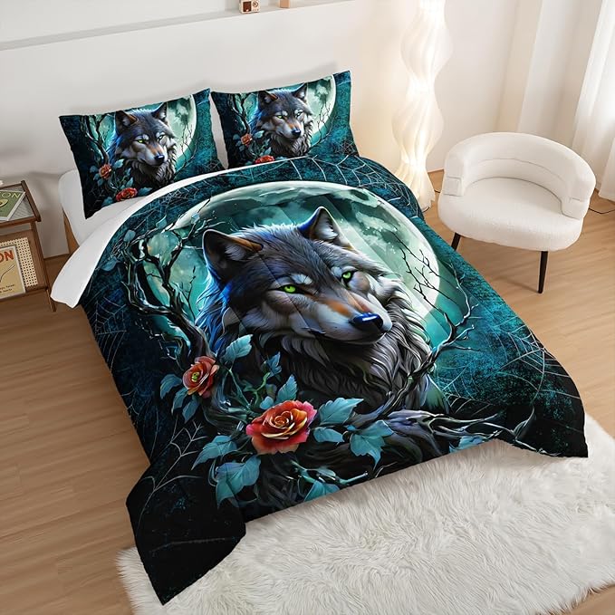 Wildlife Themed Bedding Wolf Comforter Set,Spooky Spider Web Vine Print Comforter King Kids Bed in a Bag,Moonlight Aesthetic Bedding Sets for Boys Teens Room Decor with 2 Pillowcases.