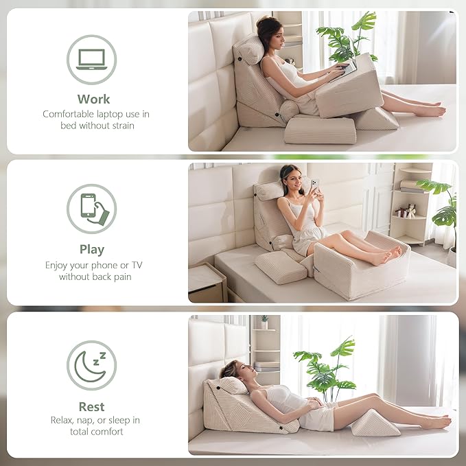 HIGOGOGO 10PCS Orthopedic Bed Wedge Pillow Set – Adjustable Soft Foam Body Positioners for After Surgery Recovery, Back & Leg Pain Relief, Sitting Up in Bed, Acid Reflux & GERD, Beige