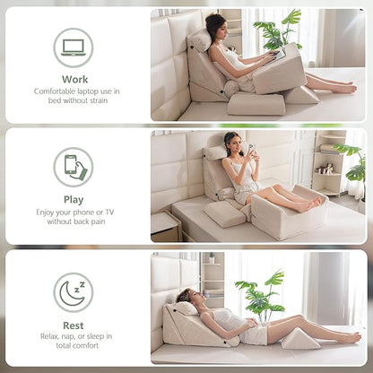 HIGOGOGO 10PCS Orthopedic Bed Wedge Pillow Set – Adjustable Soft Foam Body Positioners for After Surgery Recovery, Back & Leg Pain Relief, Sitting Up in Bed, Acid Reflux & GERD, Beige